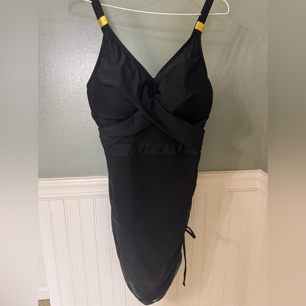 Chic Black Twist-Front Mesh Swim Dress with Gold Strap Accents